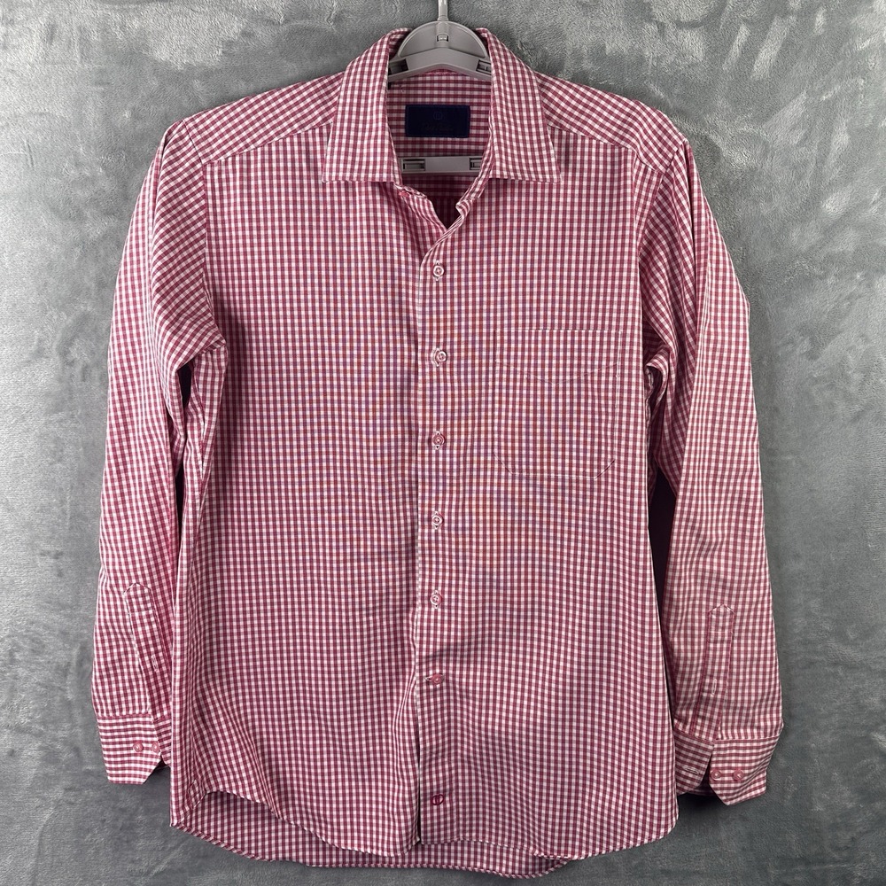 David Donahue Men's L Red White Check Button Front Long Sleeve Shirt 100% Cotton